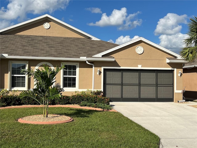 ranch-style house with a front lawn and a garage