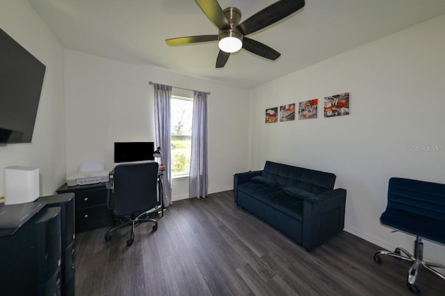 home office featuring ceiling fan and dark hardwood / wood-style floors