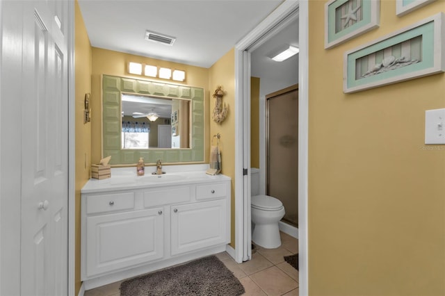 bathroom with vanity, tile patterned flooring, ceiling fan, toilet, and an enclosed shower