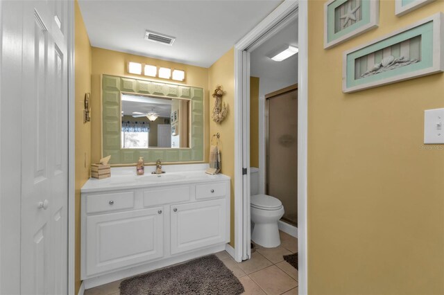 full bathroom with tile patterned flooring, vanity, toilet, a stall shower, and visible vents