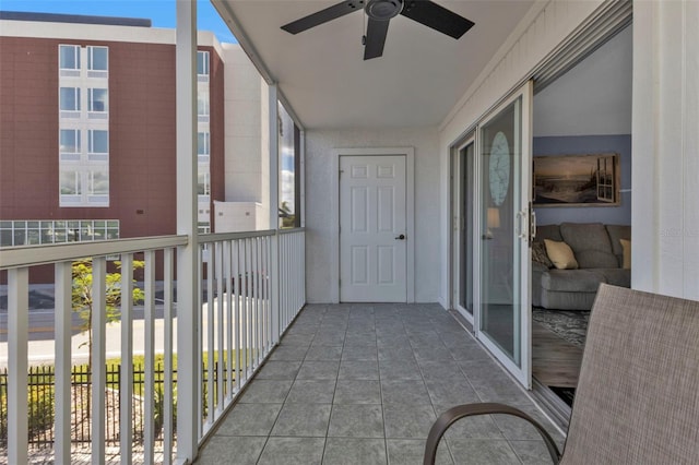 balcony featuring a ceiling fan
