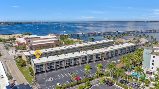 bird's eye view with a water view