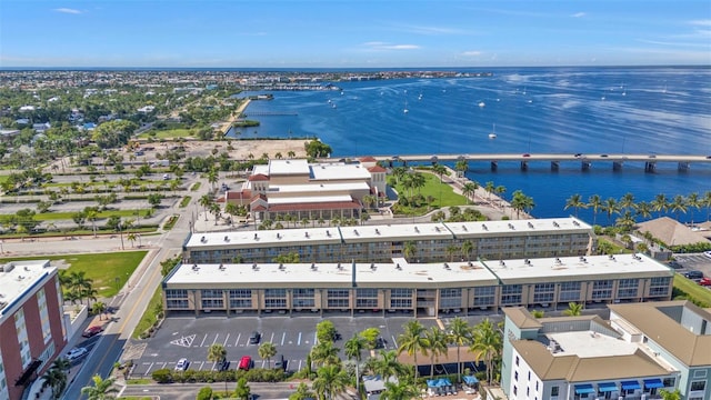 bird's eye view with a water view