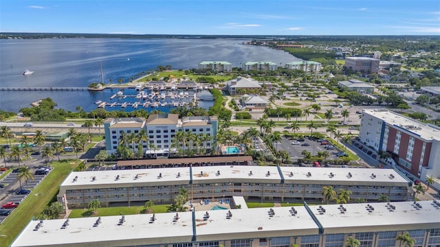 drone / aerial view with a water view