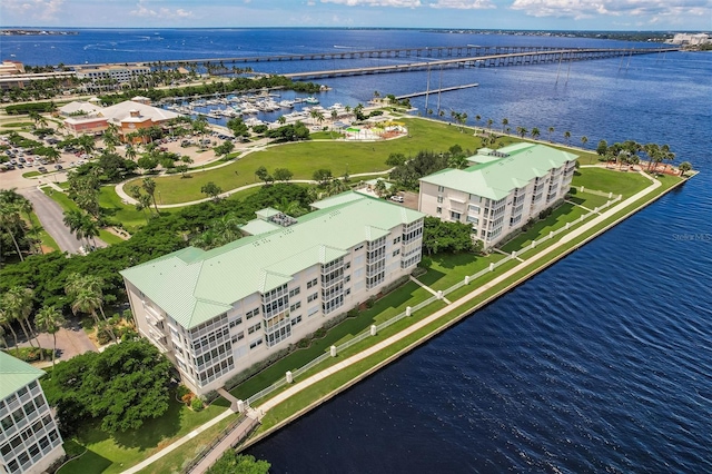 aerial view featuring a water view