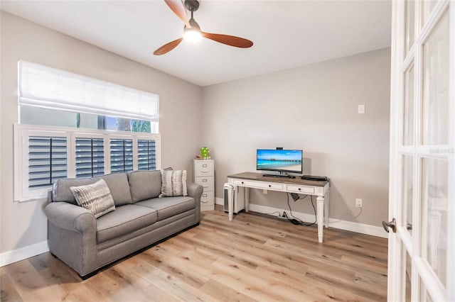 office area featuring ceiling fan and light hardwood / wood-style flooring