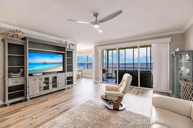 living room with ceiling fan, light wood-type flooring, and ornamental molding