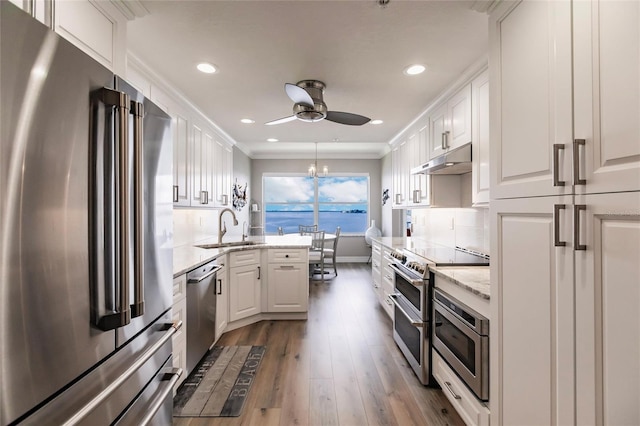kitchen featuring white cabinets, ceiling fan, appliances with stainless steel finishes, under cabinet range hood, and a sink
