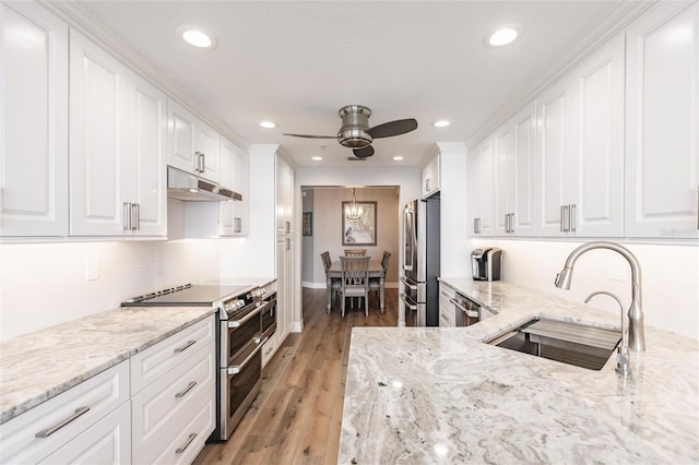 kitchen with white cabinets, a sink, appliances with stainless steel finishes, and under cabinet range hood