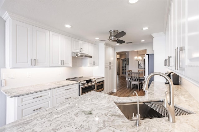 kitchen featuring white cabinets, light stone countertops, sink, stainless steel appliances, and ceiling fan with notable chandelier