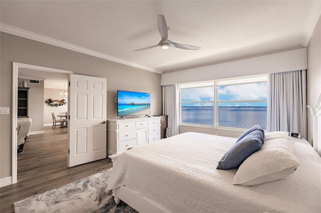 bedroom with ceiling fan with notable chandelier, ornamental molding, and dark wood-type flooring