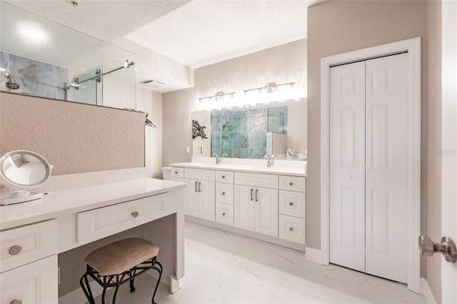 bathroom featuring walk in shower and vanity