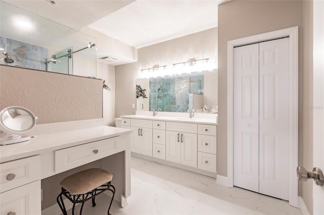 full bathroom with marble finish floor, vanity, a shower with door, and visible vents