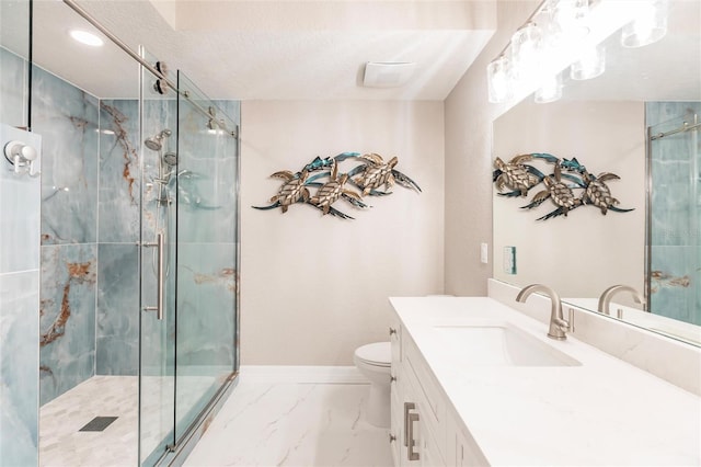 bathroom with vanity, a textured ceiling, toilet, and an enclosed shower