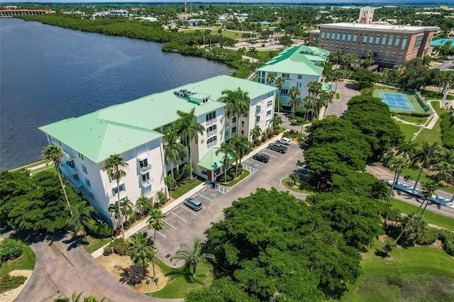 bird's eye view with a water view