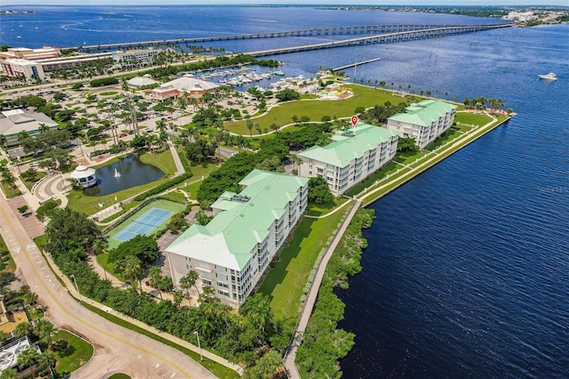 drone / aerial view with a water view