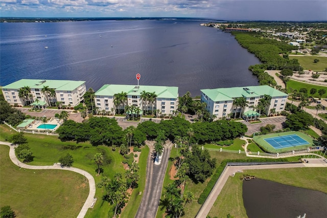 drone / aerial view with a water view