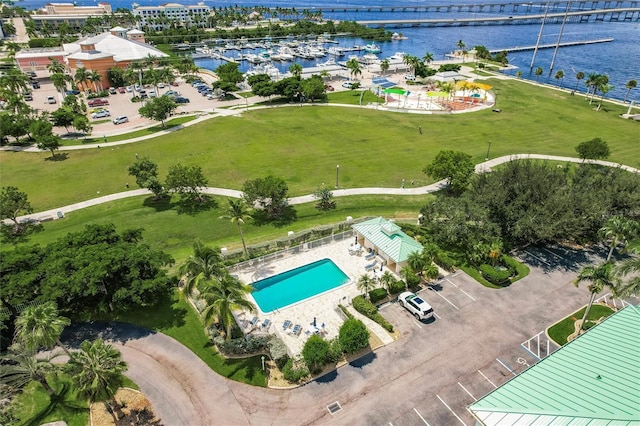 birds eye view of property featuring a water view