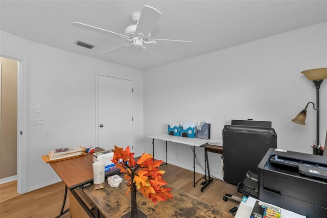 office featuring ceiling fan and light wood-type flooring