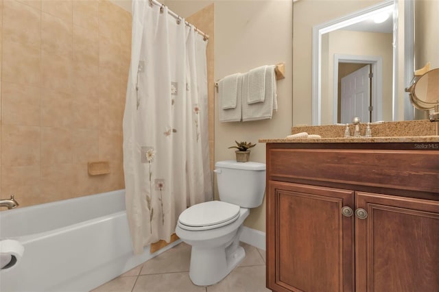 full bath featuring vanity, shower / bath combo with shower curtain, tile patterned flooring, and toilet