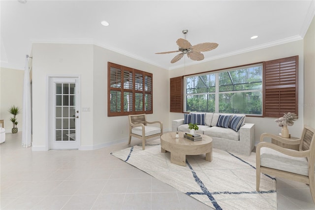 living area with recessed lighting, light tile patterned flooring, crown molding, baseboards, and ceiling fan