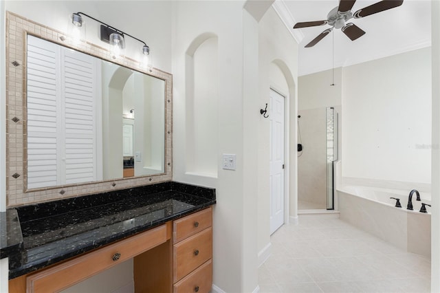 bathroom featuring vanity, plus walk in shower, tile patterned floors, crown molding, and ceiling fan