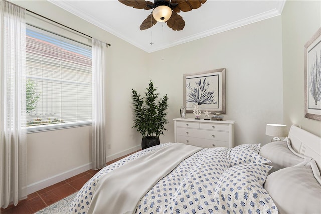 bedroom with tile patterned flooring, ceiling fan, and crown molding