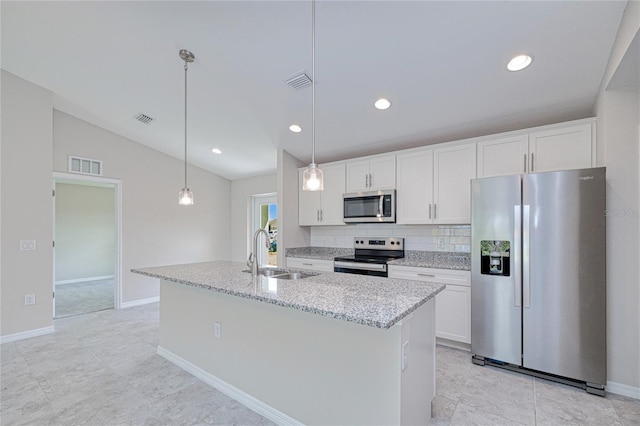 kitchen featuring pendant lighting, sink, white cabinets, a center island with sink, and appliances with stainless steel finishes