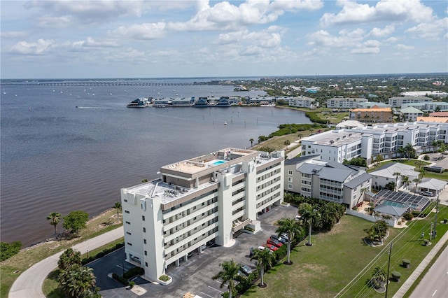 aerial view featuring a water view