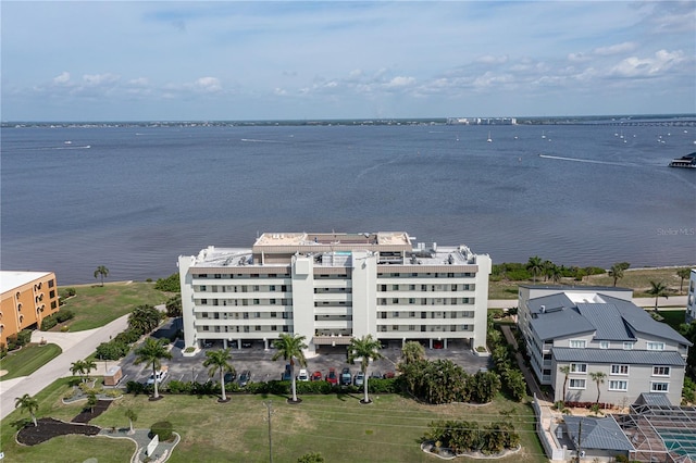 drone / aerial view featuring a water view