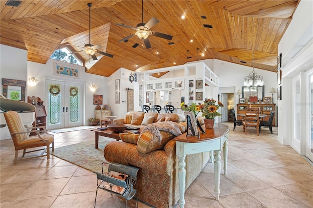 living room with high vaulted ceiling, wooden ceiling, and french doors