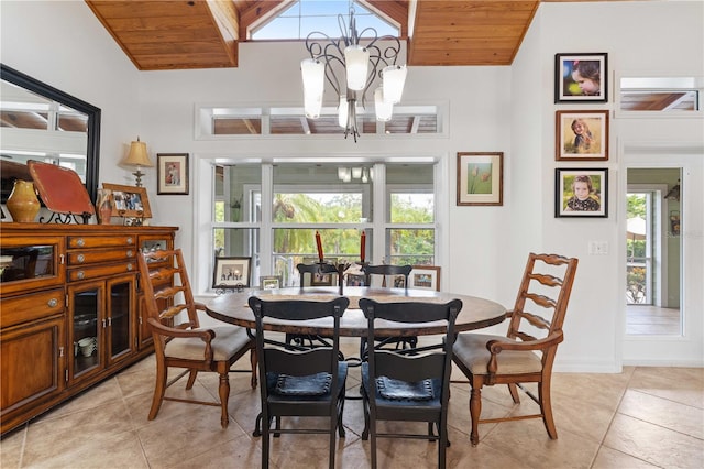 dining area featuring a notable chandelier, wood ceiling, light tile patterned floors, and a wealth of natural light