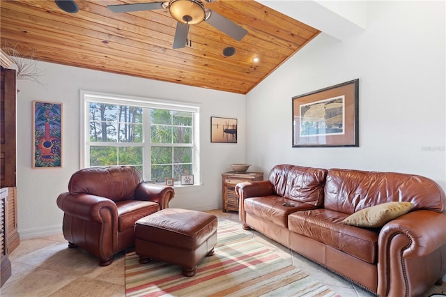 tiled living room with vaulted ceiling, ceiling fan, and wooden ceiling