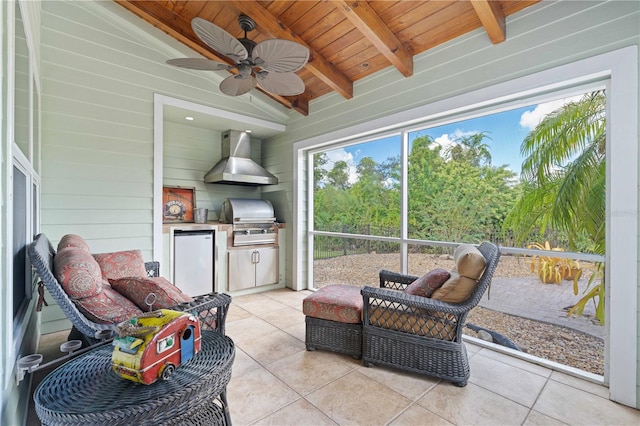 sunroom / solarium with lofted ceiling with beams, ceiling fan, and wooden ceiling