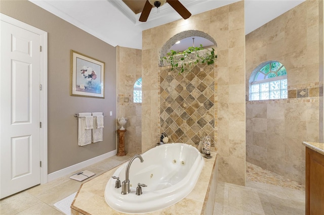 bathroom with ceiling fan, tile patterned floors, separate shower and tub, vanity, and ornamental molding