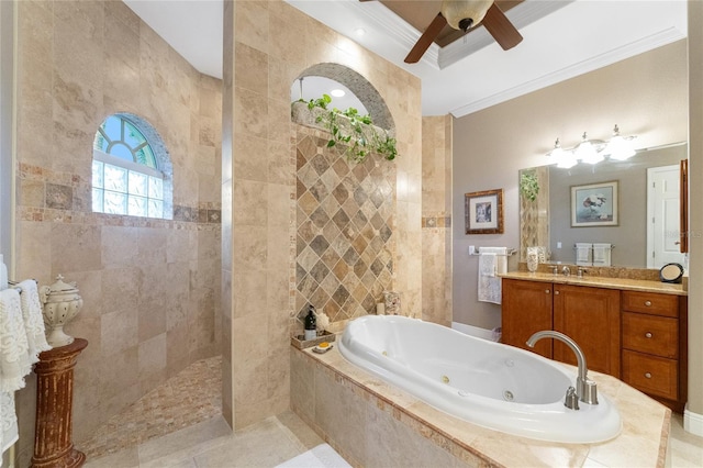 bathroom with tile patterned flooring, vanity, separate shower and tub, and ornamental molding