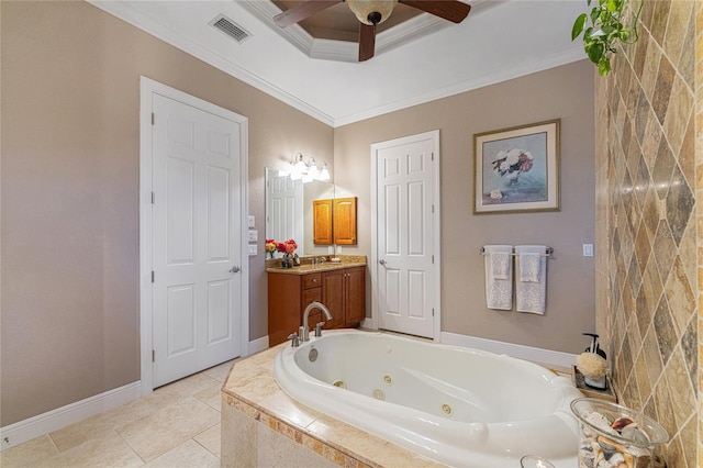 bathroom with tile patterned floors, ornamental molding, vanity, a relaxing tiled tub, and ceiling fan