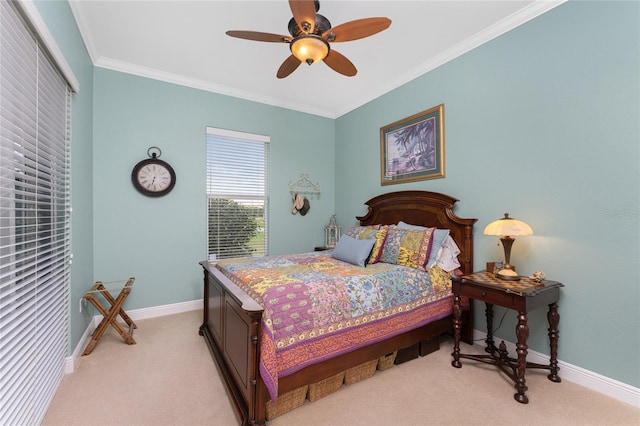 bedroom featuring light carpet, ornamental molding, and ceiling fan