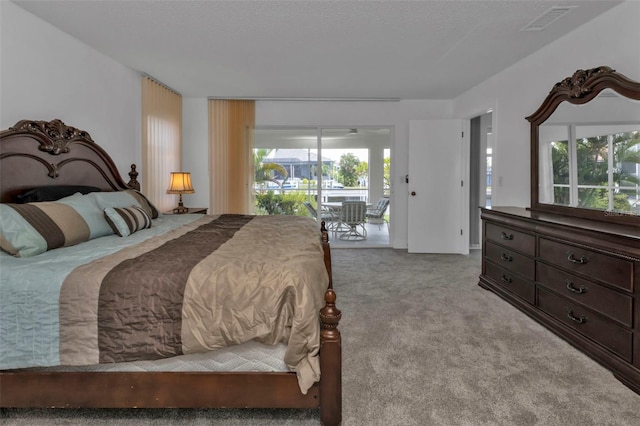 bedroom featuring light carpet and access to exterior