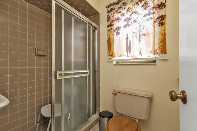 bathroom featuring toilet and an enclosed shower