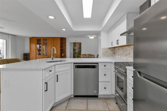 kitchen with kitchen peninsula, sink, stainless steel appliances, and white cabinets