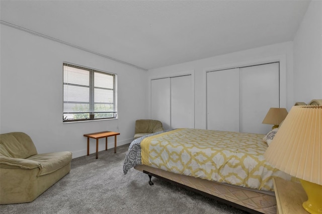 carpeted bedroom featuring multiple closets