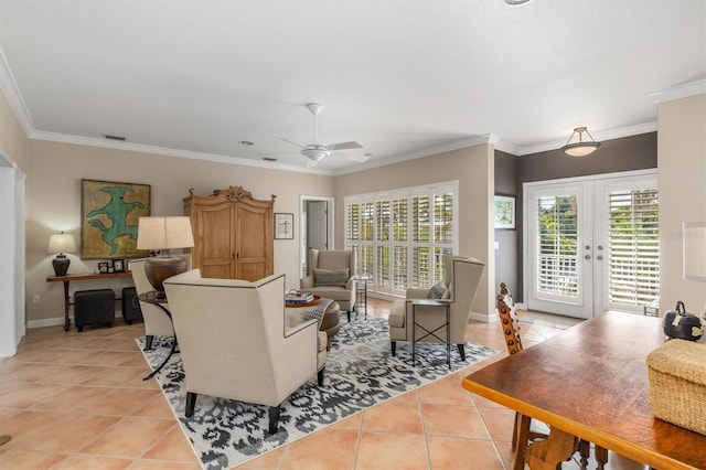 tiled living room featuring french doors, a wealth of natural light, and crown molding