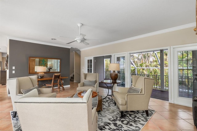 tiled living room with crown molding and ceiling fan