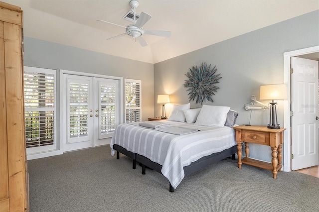 bedroom featuring vaulted ceiling, ceiling fan, french doors, carpet flooring, and access to exterior