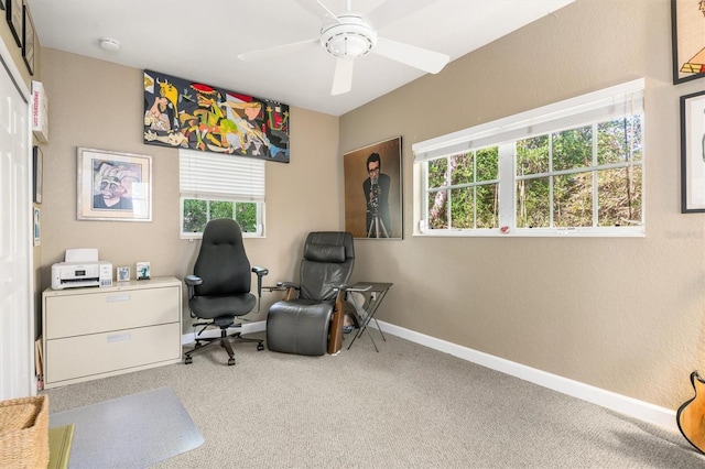 office space with ceiling fan and carpet