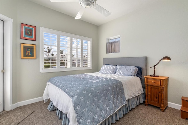 bedroom with ceiling fan and carpet flooring