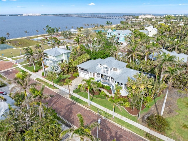 drone / aerial view with a water view