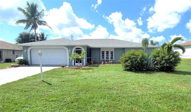 single story home featuring a garage, central air condition unit, and a front lawn