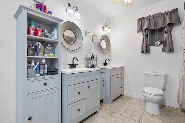 bathroom with vanity, toilet, and ceiling fan